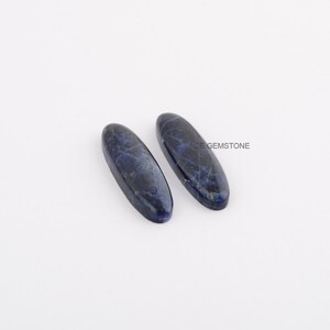 May include: Two oval-shaped, blue sodalite cabochons with a marbled pattern.  ACE GEMSTONE is printed in white text on the background.
