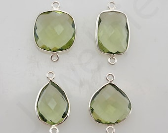 Green Amethyst Quartz 925 Sterling Silver Bezel Station Connector and Charm, 1 piece