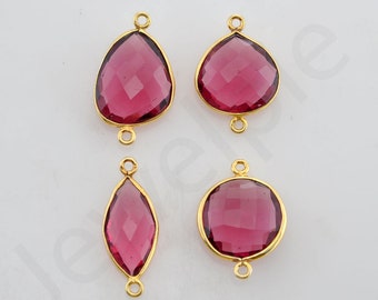 Pink Tourmaline Quartz Gold Plated Sterling Silver Bezel Station Connector, 1 piece