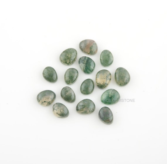Natural Moss Agate Smooth Cut Calibrated Cabochon Gemstone 6x8 to 7x9mm Nugget, Jewelry supplies-15Pcs