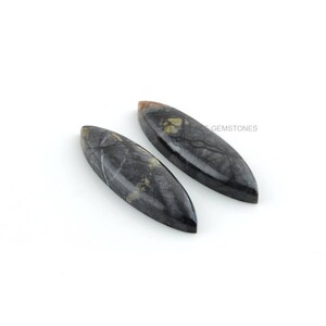 May include: Two black and gold cabochon gemstone cabochons in a teardrop shape.