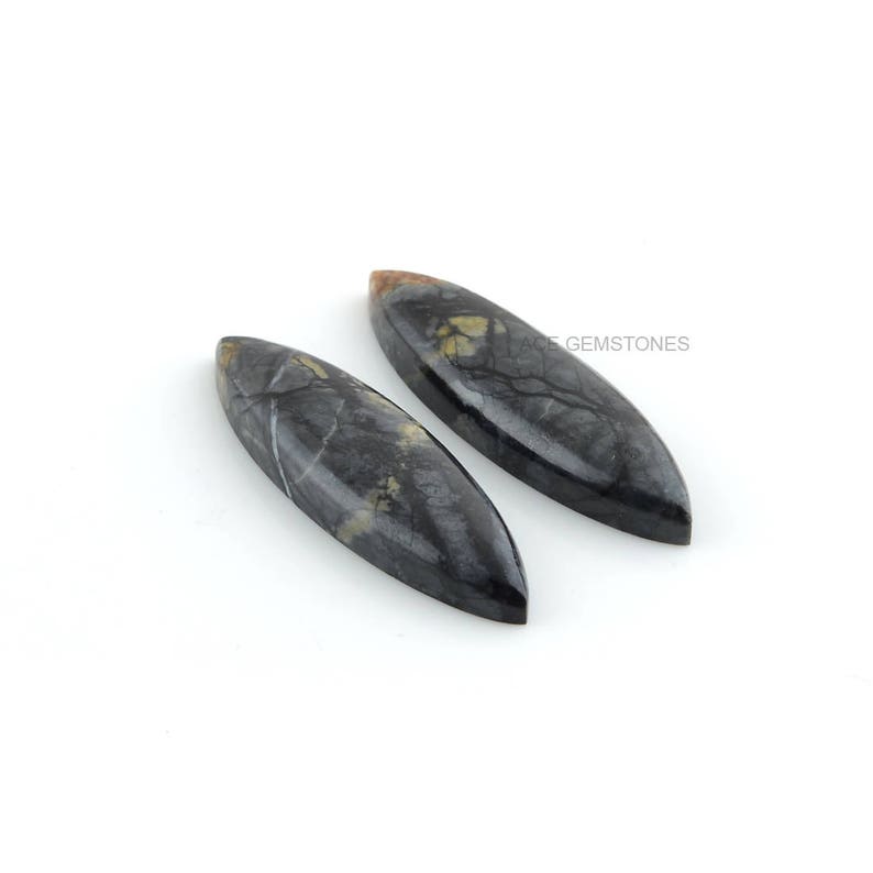 May include: Two black and gold cabochon gemstone cabochons in a teardrop shape.