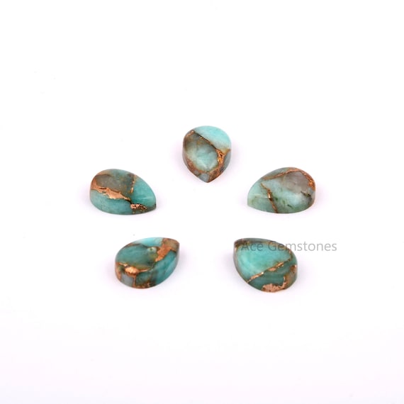 Copper Amazonite 10x14mm Pear Shape Gemstone, Cabochon Pear Gemstone, Calibrated Gemstone, Loose Gemstone, Gemstones For Jewelry - 5Pcs