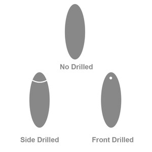 May include: Three gray oval-shaped stones, one with a hole drilled in the front, one with a hole drilled on the side, and one with no holes. The stones are labeled "No Drilled", "Front Drilled", and "Side Drilled".