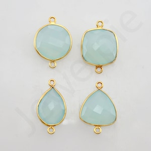 Aqua Chalcedony Gold Plated Sterling Silver Bezel Station Connector and Charm, 1 piece