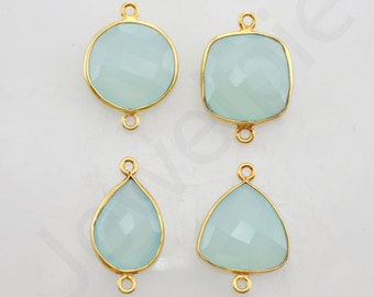 Aqua Chalcedony Gold Plated Sterling Silver Bezel Station Connector and Charm, 1 piece