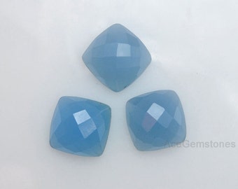 Blue Chalcedony - Checkerboard Faceted Gemstone - Calibrated Cabochons - Cushion 12 mm - AAA Grade High Quality - Loose Gemstone - 3 Pcs.