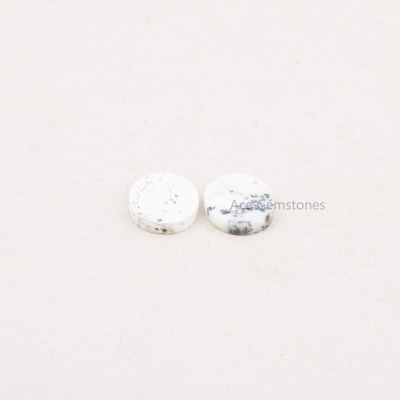 May include: Two round white opal cabochons with black and gray inclusions. The cabochons are approximately 10mm in diameter.