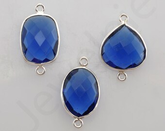 Blue Sapphire Quartz 925 Sterling Silver Bezel Station Connector and Charm, 1 piece