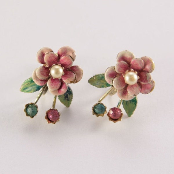 1930s Earrings Vintage Earrings Retro Jewelry Screw Back Earrings Pink Flowers Green Leaves Pink and Aquamarine Blue Green Rhinestones