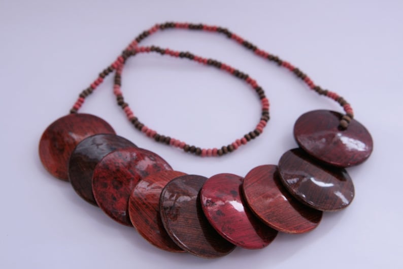 Autumn Boho Necklace Red Orange Brown Wood Wooden Bib Necklace Large Flat Buttons Lacquered Bohemian Necklace