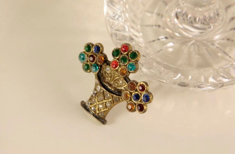 Basket of Flowers Art Deco Czechoslovakia Antique Multi Coloured Diamond Paste Birthday Gift Rhinestone 1930 Bohemia Rainbow Floral Bouquet