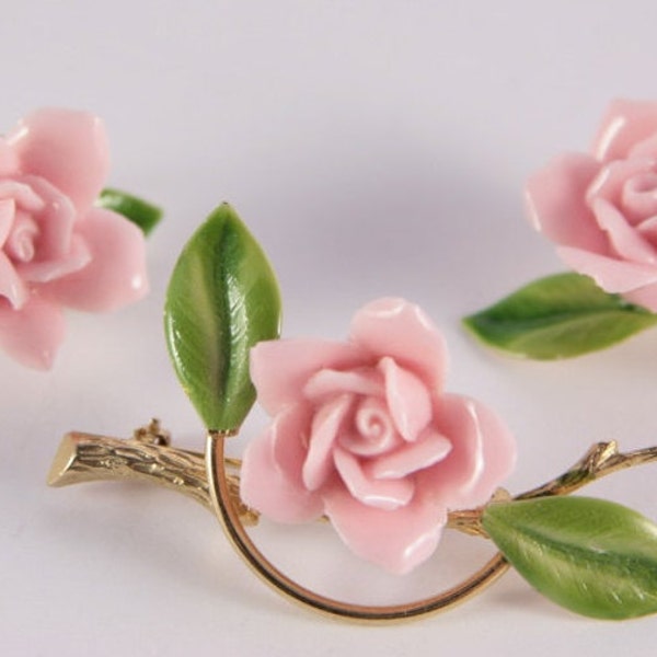 Rose Earring Set Bridal Pink Flowers Earrings Brooch Pink Porcelain Rose Brooch and Earrings Set Signed 1965 Hobe