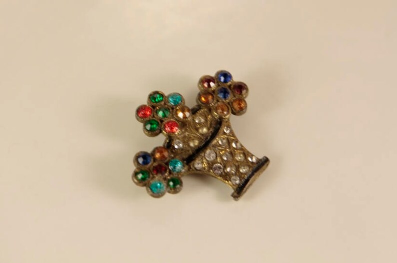 Basket of Flowers Art Deco Czechoslovakia Antique Multi Coloured Diamond Paste Birthday Gift Rhinestone 1930 Bohemia Rainbow Floral Bouquet