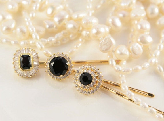Gold Black Hair Pins Black Crystal Hair Accessories Mother Of Etsy