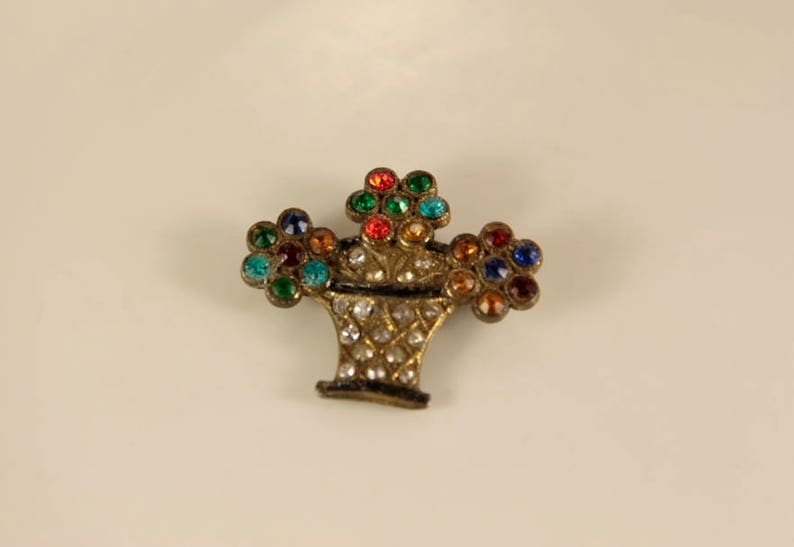 Basket of Flowers Art Deco Czechoslovakia Antique Multi Coloured Diamond Paste Birthday Gift Rhinestone 1930 Bohemia Rainbow Floral Bouquet