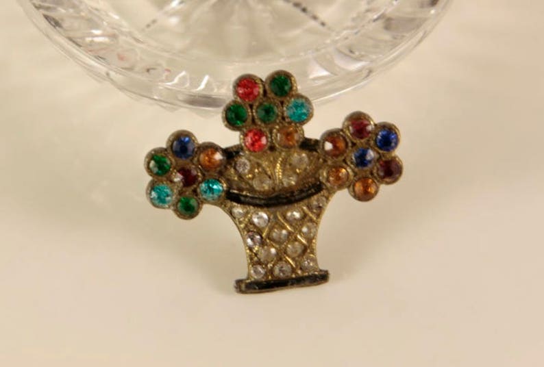 Basket of Flowers Art Deco Czechoslovakia Antique Multi Coloured Diamond Paste Birthday Gift Rhinestone 1930 Bohemia Rainbow Floral Bouquet