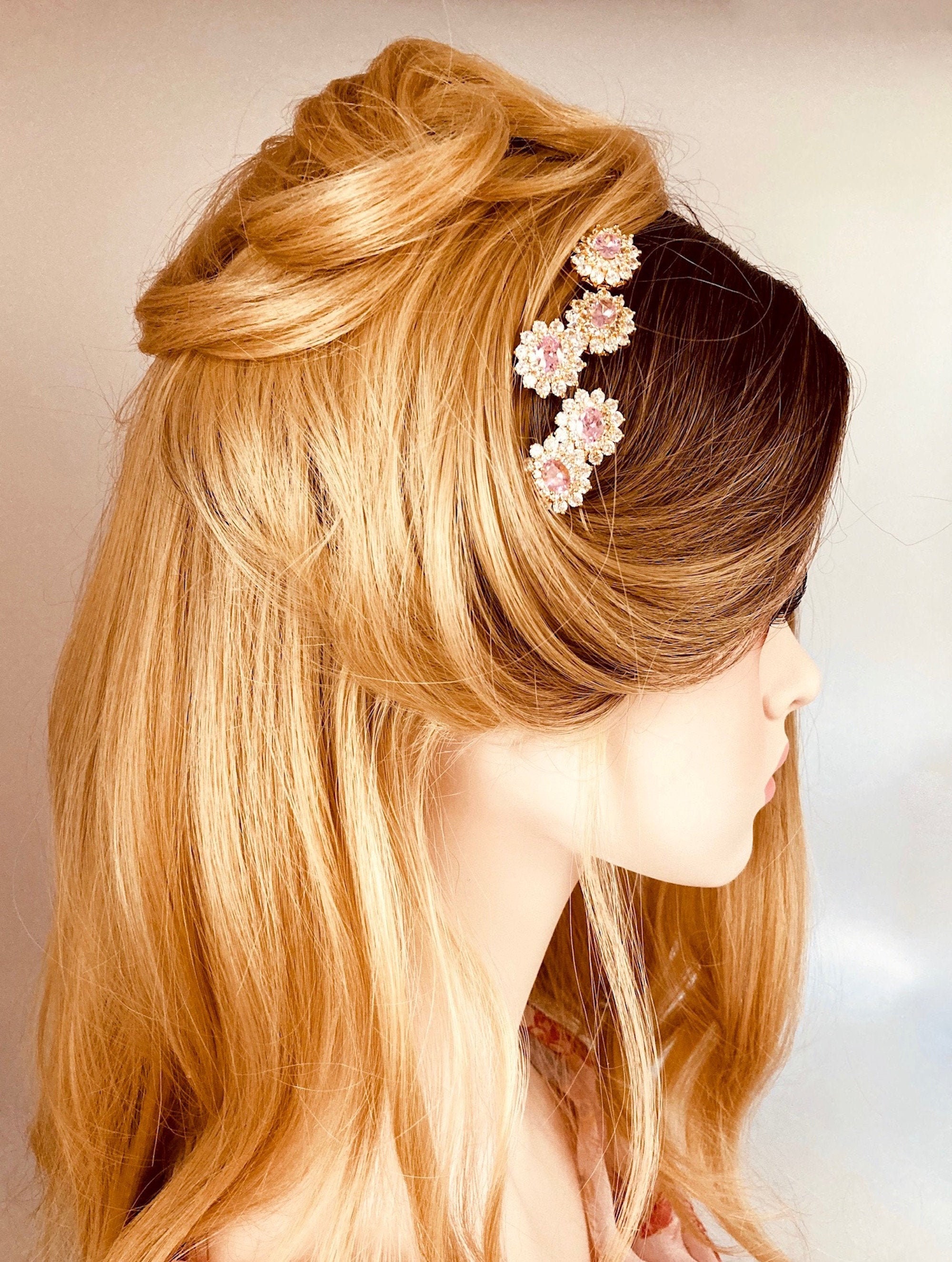 Rose Crystal Hair Pin Pink Hair Pins Wedding Hair Etsy