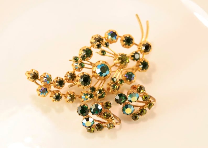 Emerald Brooch Set Wedding Brooch Earrings Set Bridal Green Earrings Something Old For Bride Austria Jewelry Set AB Rhinestones Demi Parure