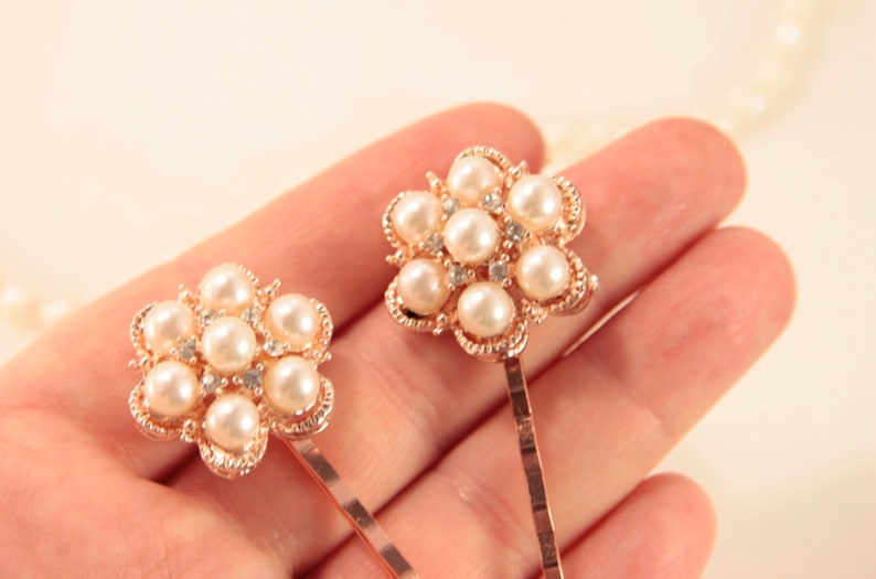 Bridesmaid Hair Pins Rose Gold Hair Pin Pearl Bobby Pins Bridesmaid Crystal Hair Pins Rose Gold Hair Clip White Rose Gold Hair Accessory