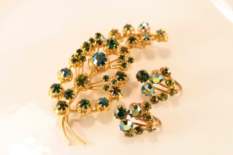 Emerald Brooch Set Wedding Brooch Earrings Set Bridal Green Earrings Something Old For Bride Austria Jewelry Set AB Rhinestones Demi Parure