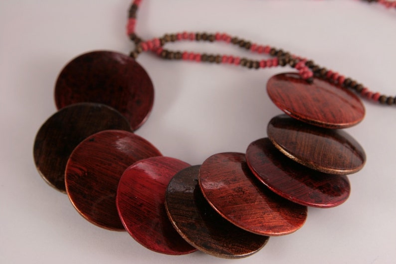 Autumn Boho Necklace Red Orange Brown Wood Wooden Bib Necklace Large Flat Buttons Lacquered Bohemian Necklace
