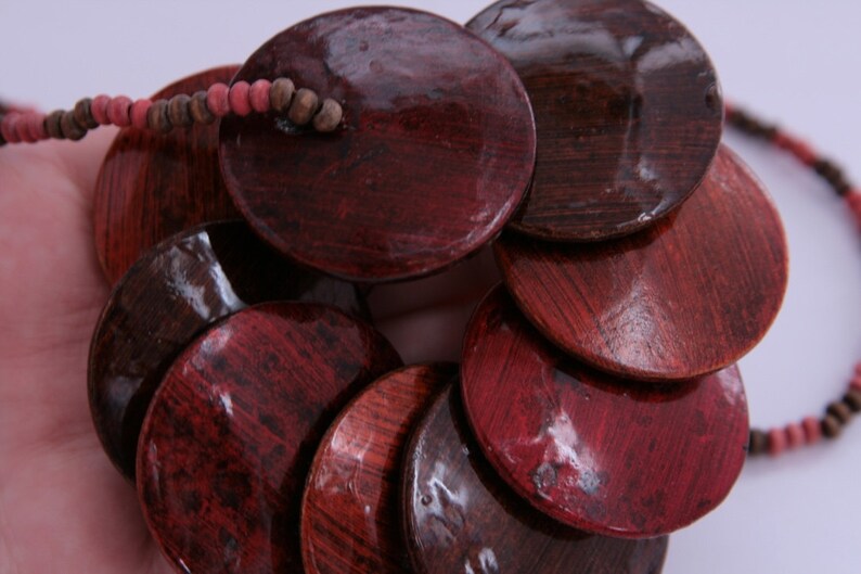 Autumn Boho Necklace Red Orange Brown Wood Wooden Bib Necklace Large Flat Buttons Lacquered Bohemian Necklace