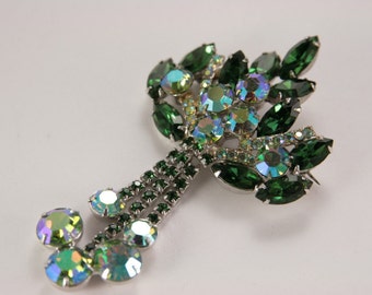 Green Dangle Brooch Large Unsigned Juliana DeLizza Green Brooch Emerald Peridot Rhinestone Silver Pin Brooch Luxury Jewelry