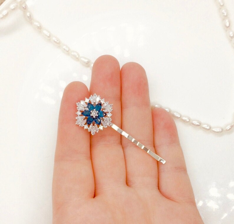 Dusty Blue Hair Pin Elsa Clip Powder Blue Hair Flowers Snowflake Hair Clips Star Bobby Pin Something Blue Hair Pin Cubic Zirconia Hair Piece