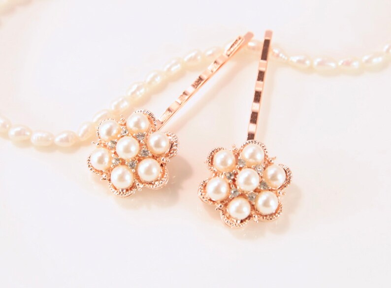 Bridesmaid Hair Pins Rose Gold Hair Pin Pearl Bobby Pins Bridesmaid Crystal Hair Pins Rose Gold Hair Clip White Rose Gold Hair Accessory