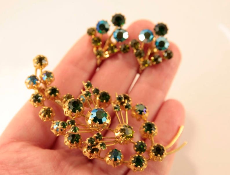 Emerald Brooch Set Wedding Brooch Earrings Set Bridal Green Earrings Something Old For Bride Austria Jewelry Set AB Rhinestones Demi Parure