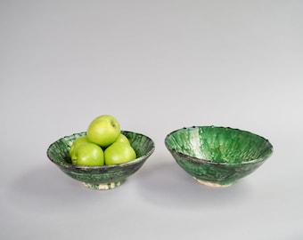 Bowls 24, set of two, Tamegroute, Green, Moroccan Glazed Earthenware/Salad/Fruit/Pasta/Pottery Bowl - 23 x 9cm