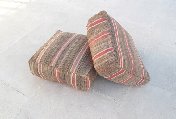 A Pair Of Striped Vintage Moroccan Floor Cushions Pouffes Etsy