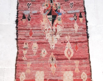 Moroccan Hand Woven 1980's Vintage Berber Boujaad Rug, Rose, Red, Green and Plum , wool and cotton- Piruletta - 133 x 190cm, Interior Design