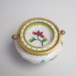 Vintage Smokeless Ashtray, Brass Base, Enamel, Decorative, Cloisonné. Flower Pattern in Green, Red, Blue and White Base Colour - 10/6.5cm