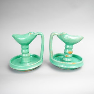 Lâmpada a óleo, marroquina, argila, cerâmica, um par, jade claro/esmalte azul, decorativa, ornamento - 17/17/18cm
