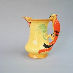Jug, Burleigh Ware, Parrot, Butterfly, Palm Tree, Vintage, England, Ceramic, Pitcher, Vase, Orange, Yellow, 1930&#39;s, Art Deco, 21/19cm