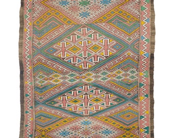 1990's Vintage Moroccan Kilim Rug, Hand Woven in Wool, Blue, Yellow, Pink, Green - Siham - 165/95cm, Interior Design