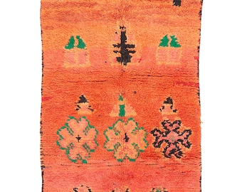 1980's Vintage Moroccan Boucherouite/Rag Rug, Hand Woven, Wool, Cotton, Orange - Ines - 310/100cm, Interior Design