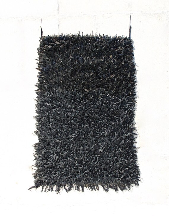 Leather Rug,1990's Hand Woven Vintage Moroccan Boucherouite Rug/Carpet,Soft Tonal Black leather-Kohl- 100 x 155cm,Interior Design,Home Decor