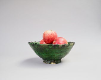 Bowl 34, Tamegroute, Green, Moroccan Glazed Earthenware/Salad/Fruit/Pasta/Pottery Bowl - 21 x 10cm