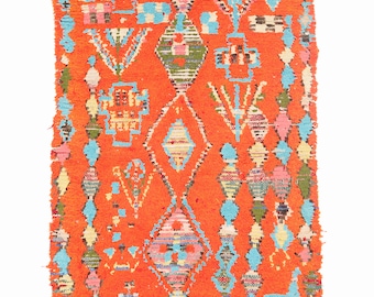 1970's Vintage Hand Woven Moroccan Boucherouite/Rag Rug, Multi Colour, Orange Base Colour - Farah - 185/85cm, Interior Design