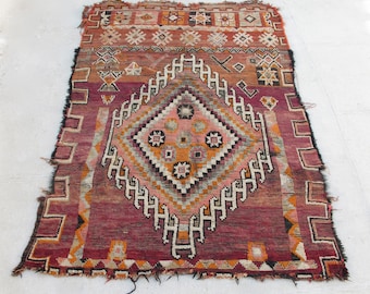1980's Vintage Hand Woven Moroccan Berber Boujaad Rug, Plum, green, orange, undyed - Iberia - 170 x 265cm, Wool, Interior Design