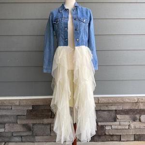 Denim jacket with ruffle tulle skirt, western boho, fancy high fashion jacket, long tulle coat, plus size, fairy style, festival style, Ooak