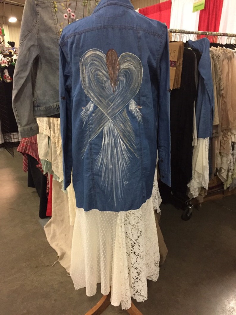 Denim shirt duster with painted angel