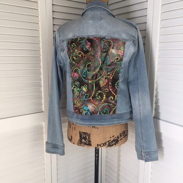 Plus size Embroidered embellished denim jacket with colorful scroll pattern with texture