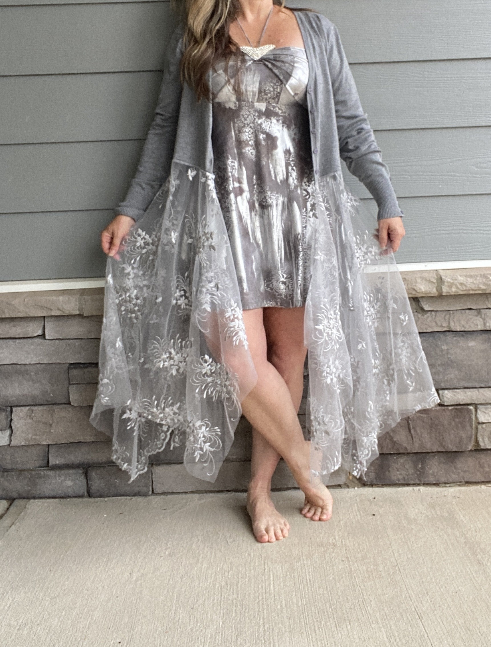 Handmade Lace Cardigan Duster: Embellished Tulle Handkerchief Hem