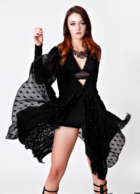 Stevie Nicks Sweater Duster Long Lace Duster Long Black Gypsy Cardigan Black Festival Kimono Black Lace Duster Handkerchief Hemline Etsy Canada