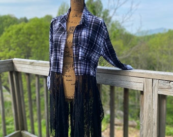 Plaid western boho duster, shacket, Stevie nicks style, boho shacket, brand new, long lace duster, vintage dress, plaid duster, plus size