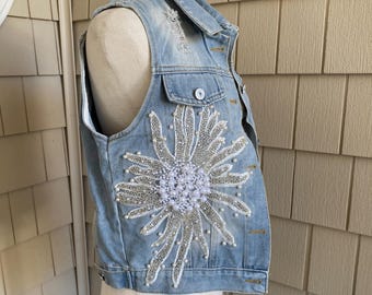 Embellished Denim Vest, faux pearl, floral jean vest, western boho, small medium and large